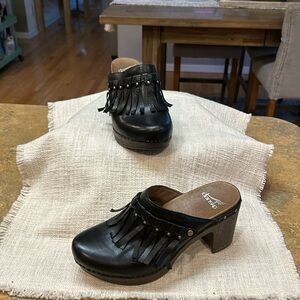 Dansko Deni Black Fringed Platform Clogs